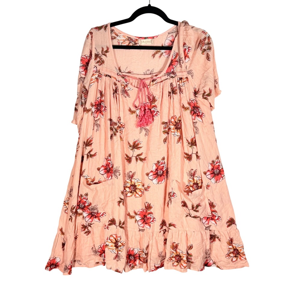 Altar'd State Peach Floral Babydoll Dress Pockets Tassels Small Layered Y2K Pink